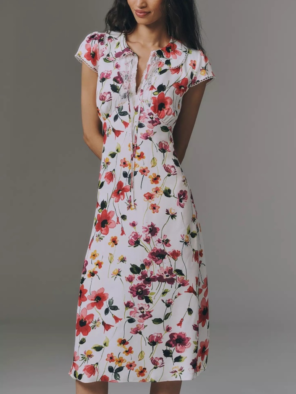 By Anthropologie Collared Short-Sleeve Midi Dress Pink Floral Print nwt XXS - Picture 1 of 3